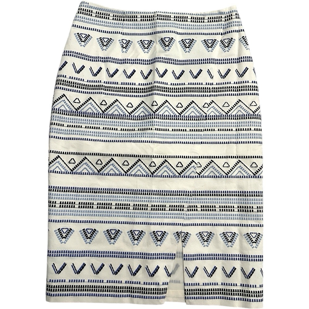 WHBM Embroidered Geometric Pencil Skirt White Blue Size 00 Aztec Preppy Office